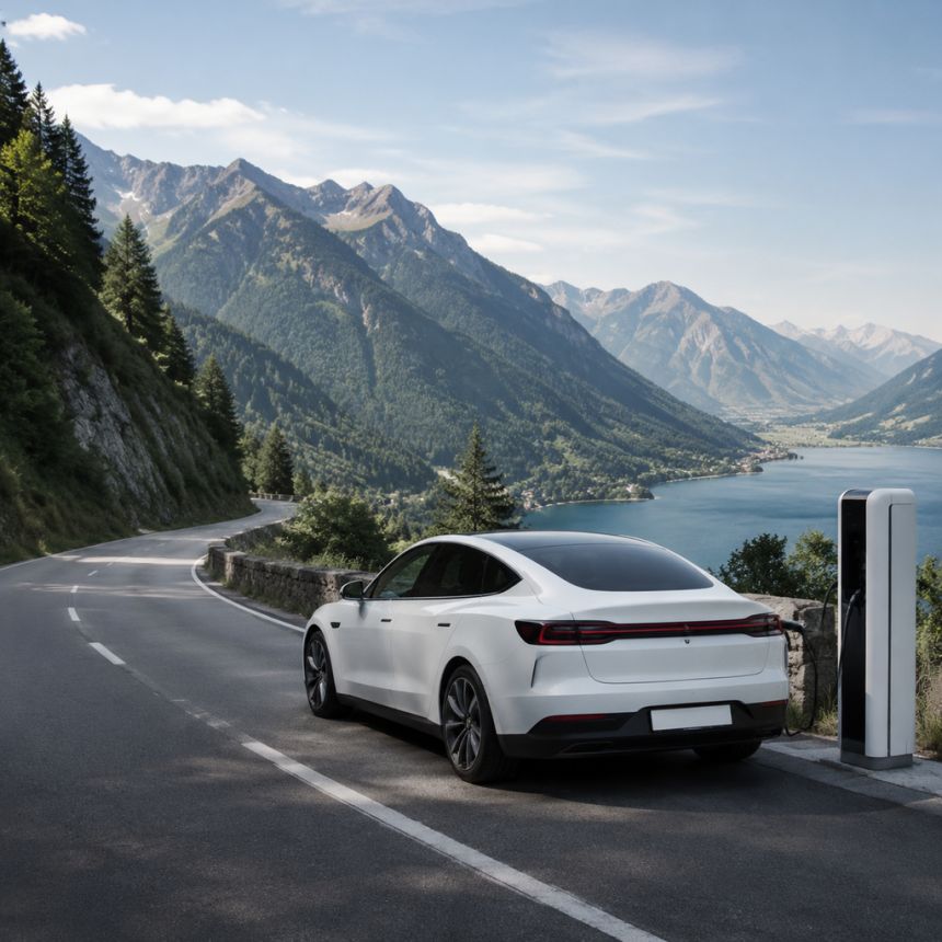 Electric car charging during a long-distance road trip