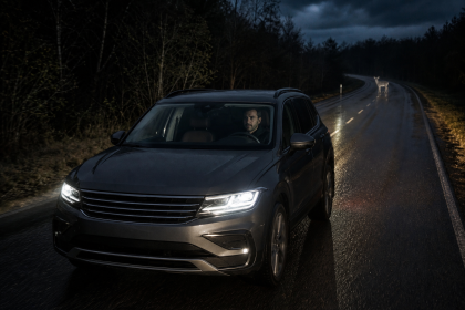 Automotive thermal night vision display showing pedestrians and vehicles on a dark road