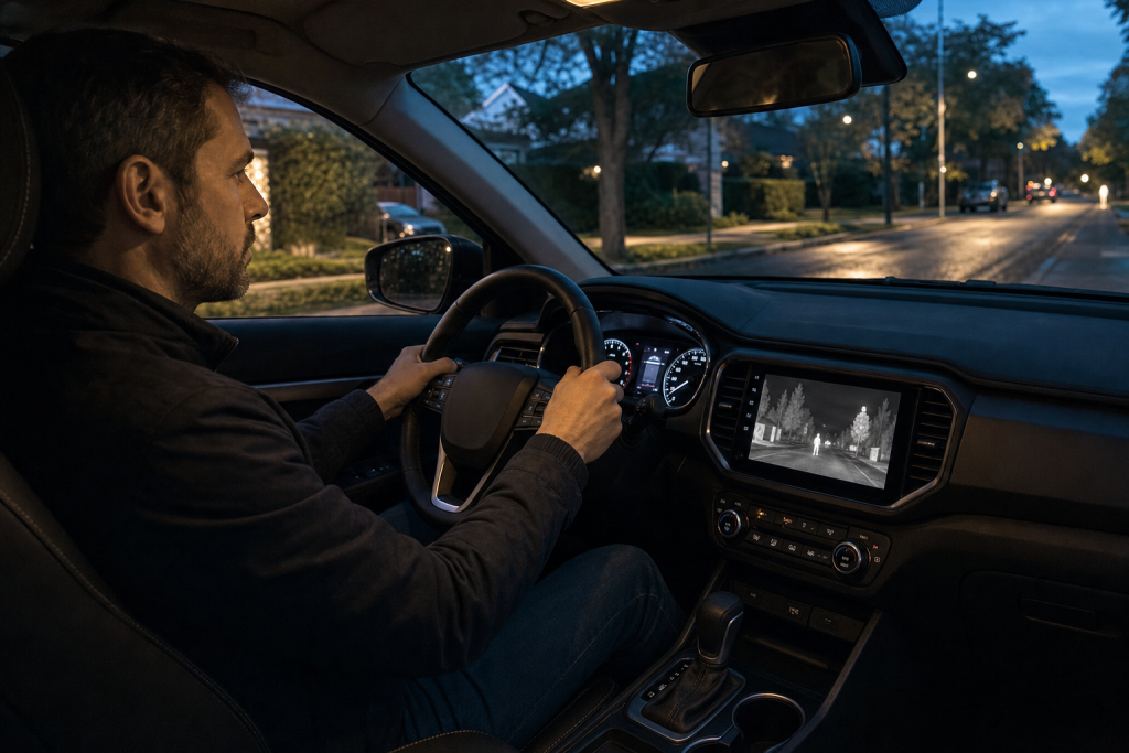 Automotive thermal night vision system displaying a pedestrian ahead during nighttime driving