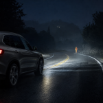 Automotive thermal night vision display detecting a pedestrian and animal on a dark road