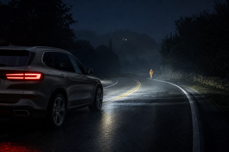 Automotive thermal night vision display detecting a pedestrian and animal on a dark road