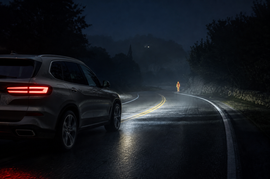 Automotive thermal night vision display detecting a pedestrian and animal on a dark road