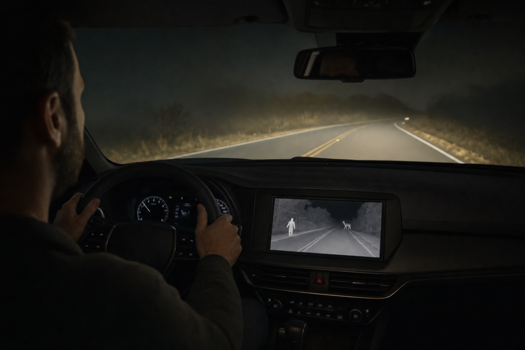 Automotive thermal night vision display detecting a pedestrian and animal on a dark road