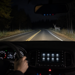 Vehicle thermal night vision display detecting pedestrians and animals on a dark road