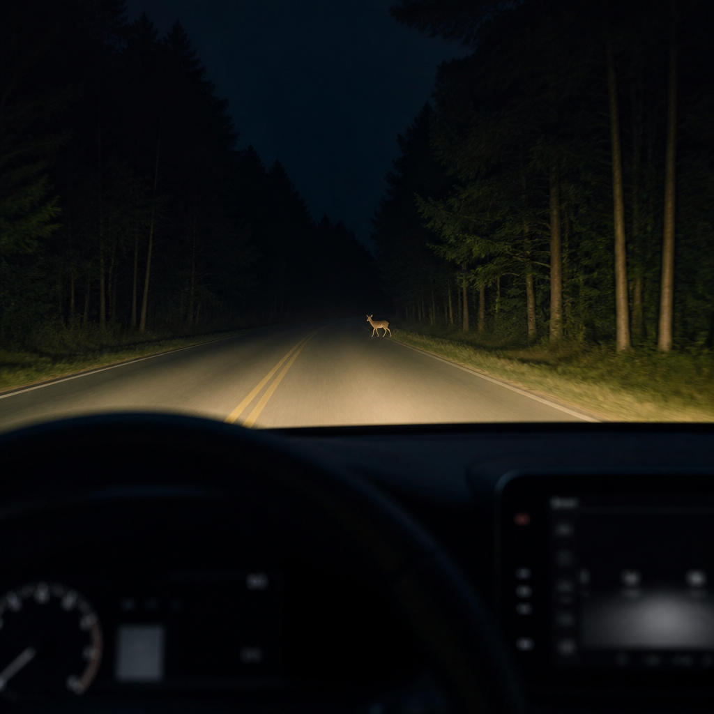Vehicle thermal night vision display detecting pedestrians and animals on a dark road