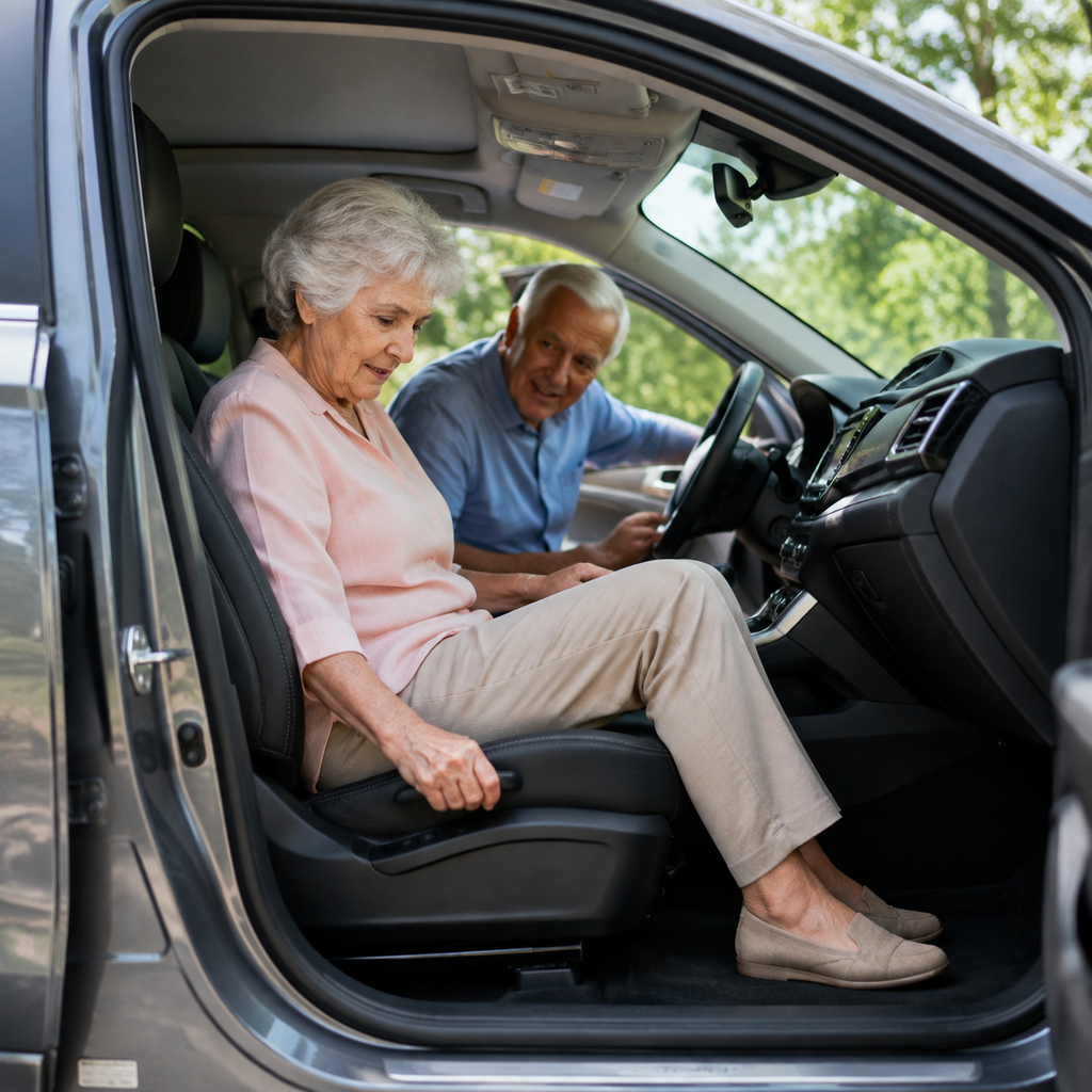Elderly passenger using a grab handle to enter a car with a wide door opening