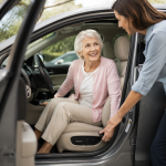 Elderly passenger using a grab handle to enter a car with a wide door opening