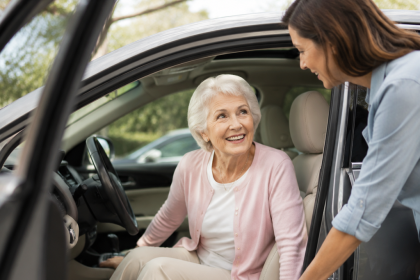Elderly passenger using a grab handle to enter a car with a wide door opening