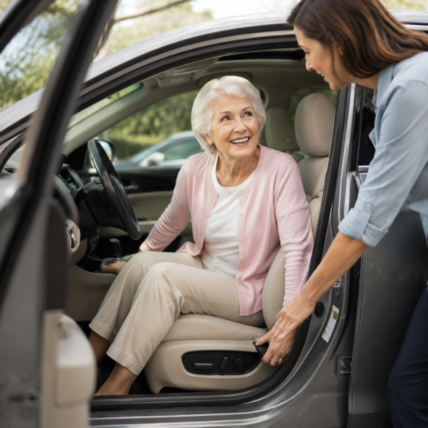 Elderly passenger using a grab handle to enter a car with a wide door opening