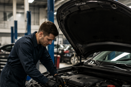 Mechanic performing a car first service inspection in an auto repair shop