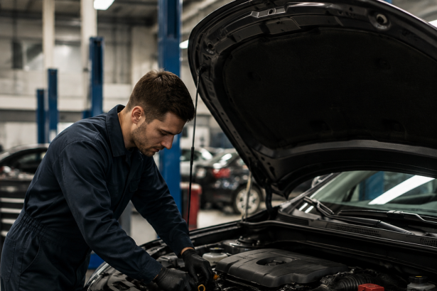 Mechanic performing a car first service inspection in an auto repair shop