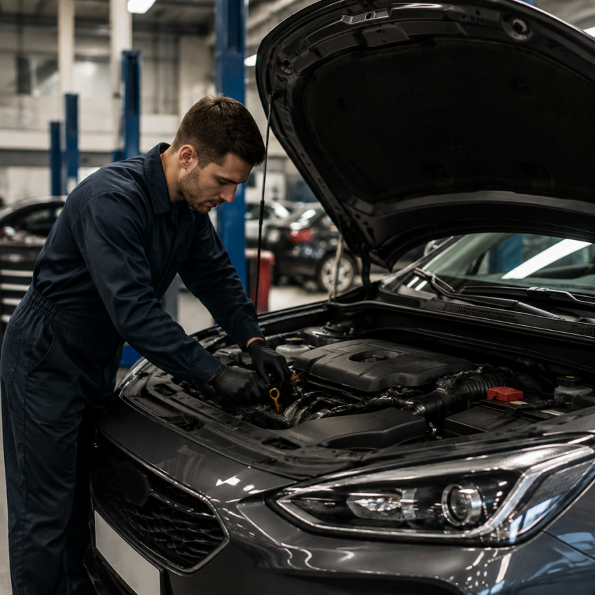 Mechanic performing a car first service inspection in an auto repair shop