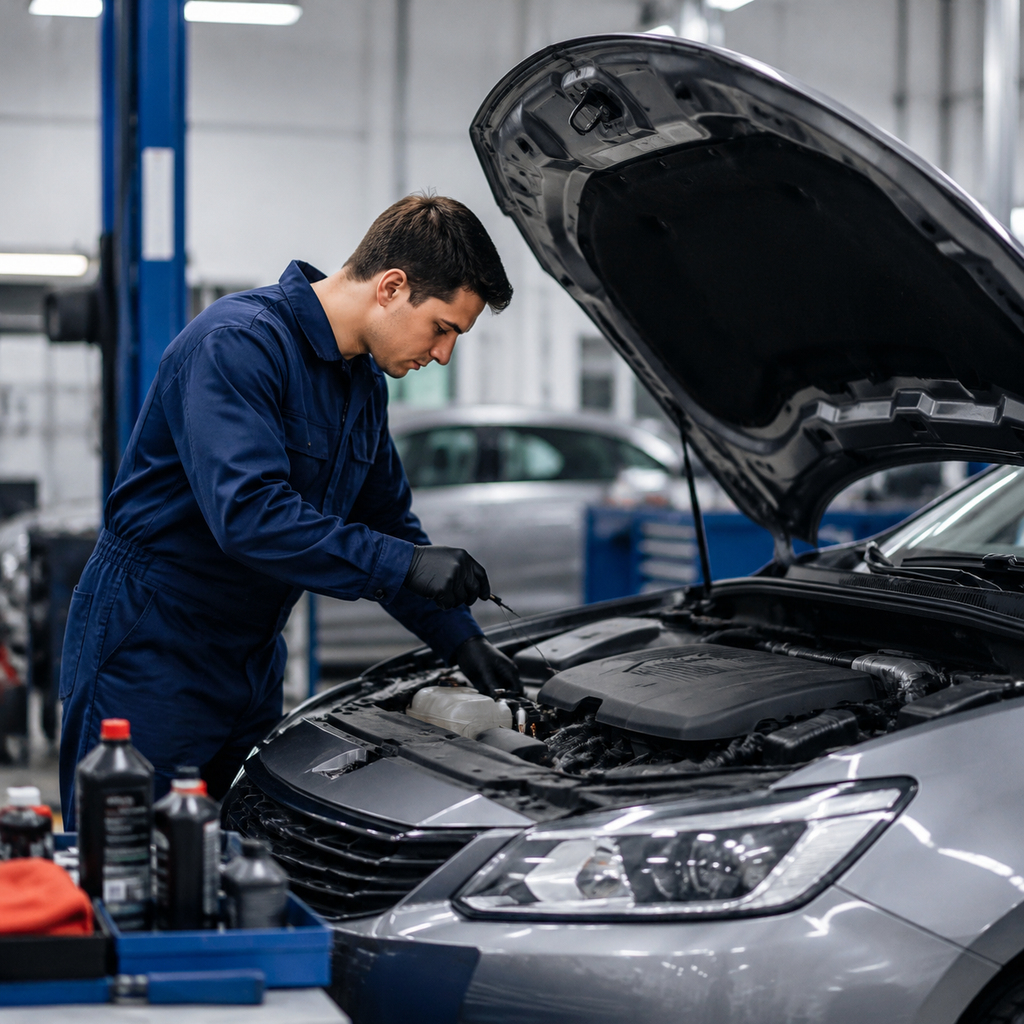Mechanic inspecting a car during its first service appointment