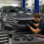 Car thermal imaging camera mounted near a vehicle grille during installation