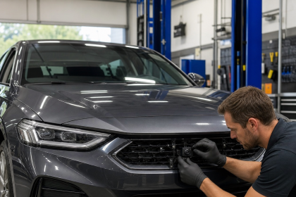 Car thermal imaging camera mounted near a vehicle grille during installation