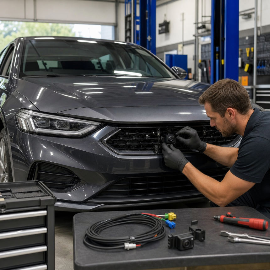 Car thermal imaging camera mounted near a vehicle grille during installation
