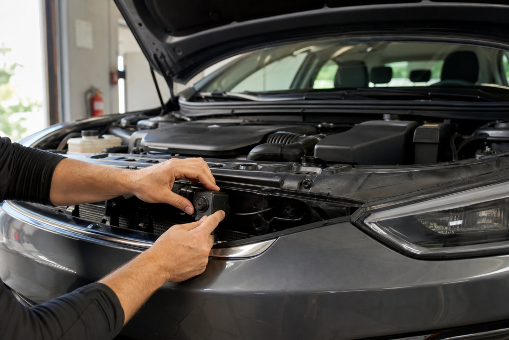 Technician installing a car thermal imaging camera near the front grille