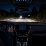 Car thermal night vision system detecting a pedestrian on a dark road