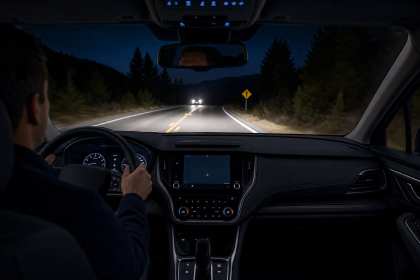 Car thermal night vision system detecting a pedestrian on a dark road