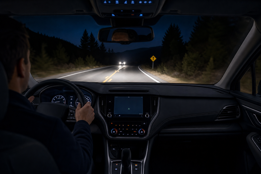 Car thermal night vision system detecting a pedestrian on a dark road