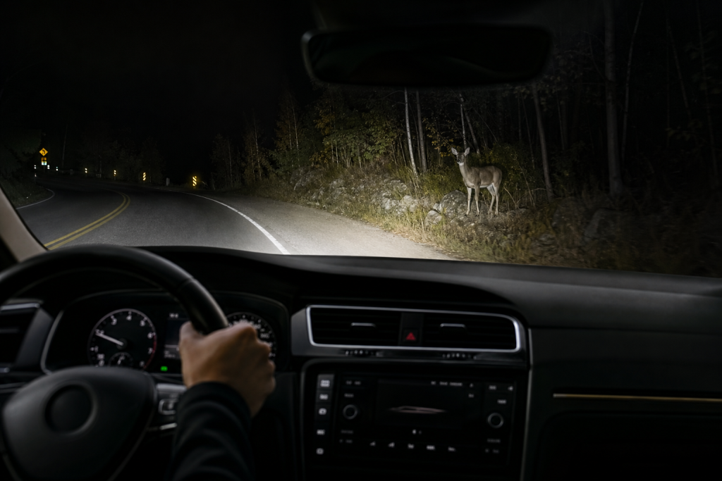 Car thermal night vision display detecting a pedestrian on a dark road