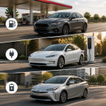 Gasoline, electric, and hybrid cars compared side by side