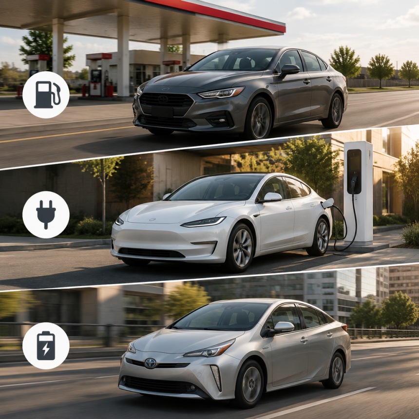 Gasoline, electric, and hybrid cars compared side by side