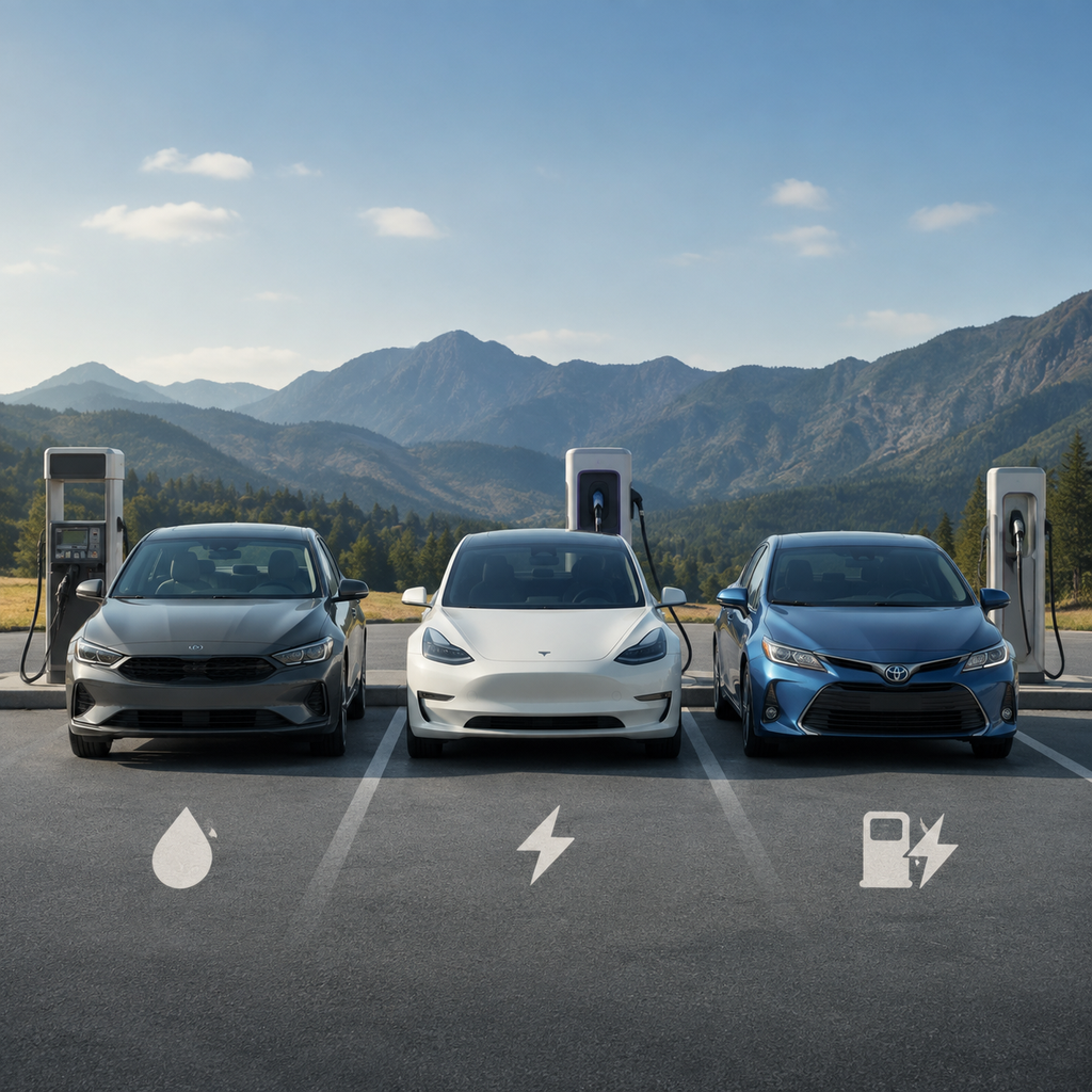 Gasoline, electric, and hybrid cars shown side by side for comparison
