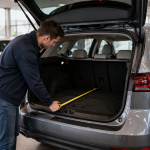 Person evaluating trunk space in a car using luggage and storage measurements