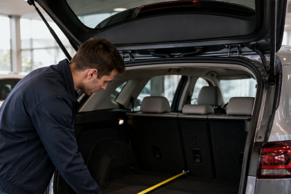 Person evaluating trunk space in a car using luggage and storage measurements
