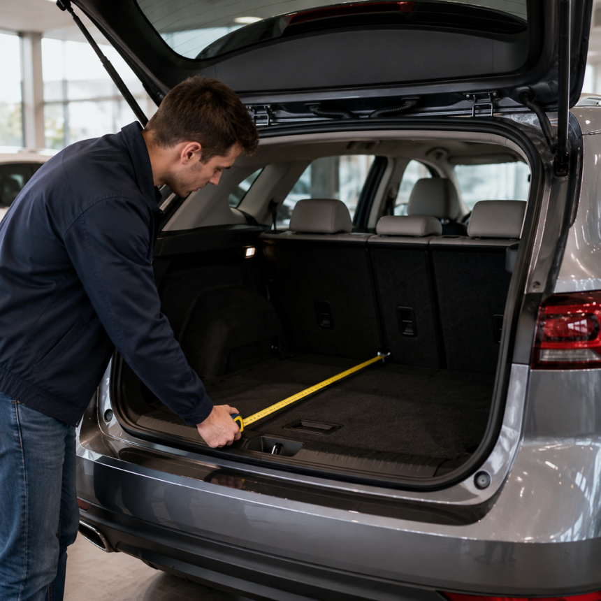 Person evaluating trunk space in a car using luggage and storage measurements