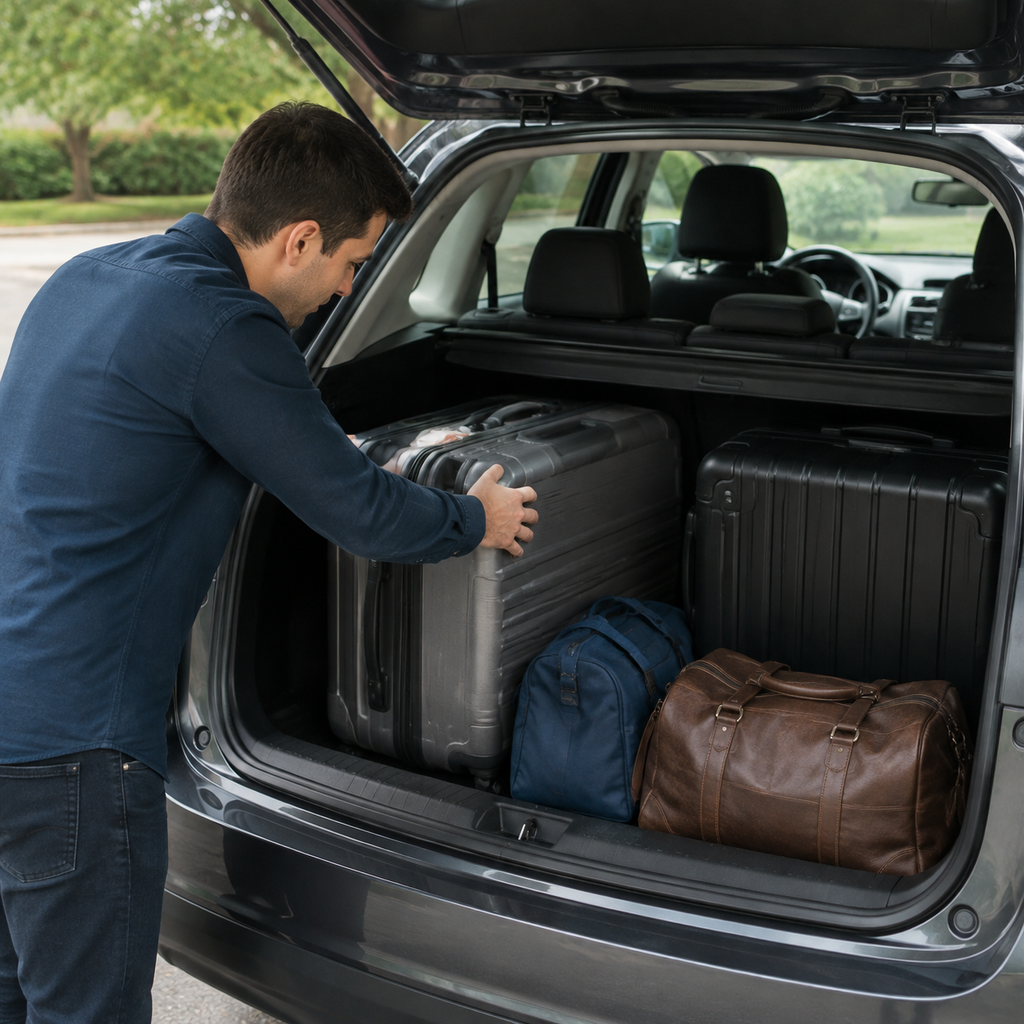Car buyer measuring trunk space with the cargo area open