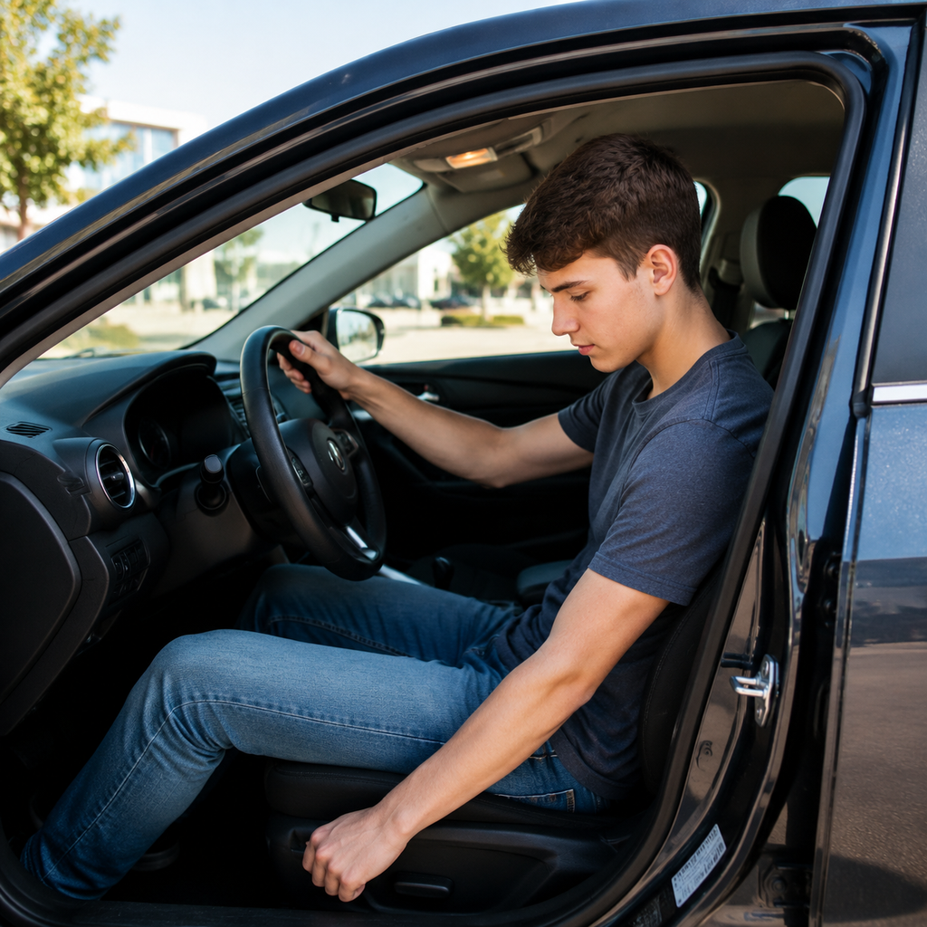 Young driver comparing options for their first car at a dealership