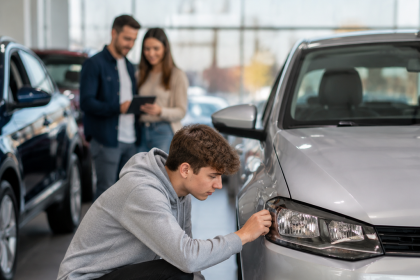 Young driver comparing options for their first car at a dealership