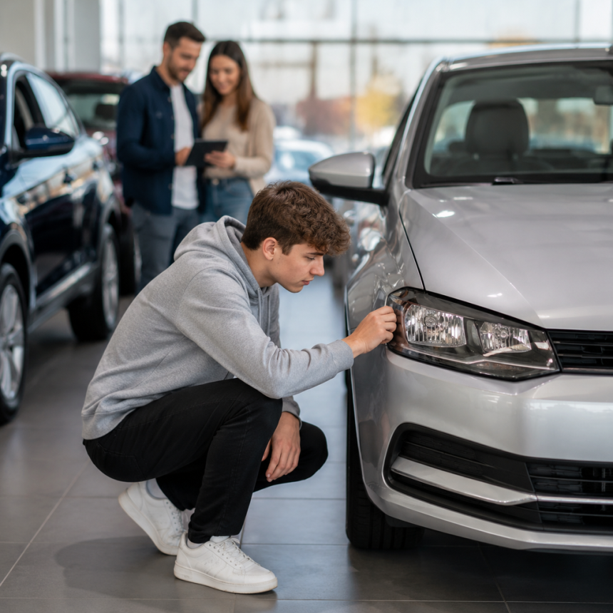 Young driver comparing options for their first car at a dealership