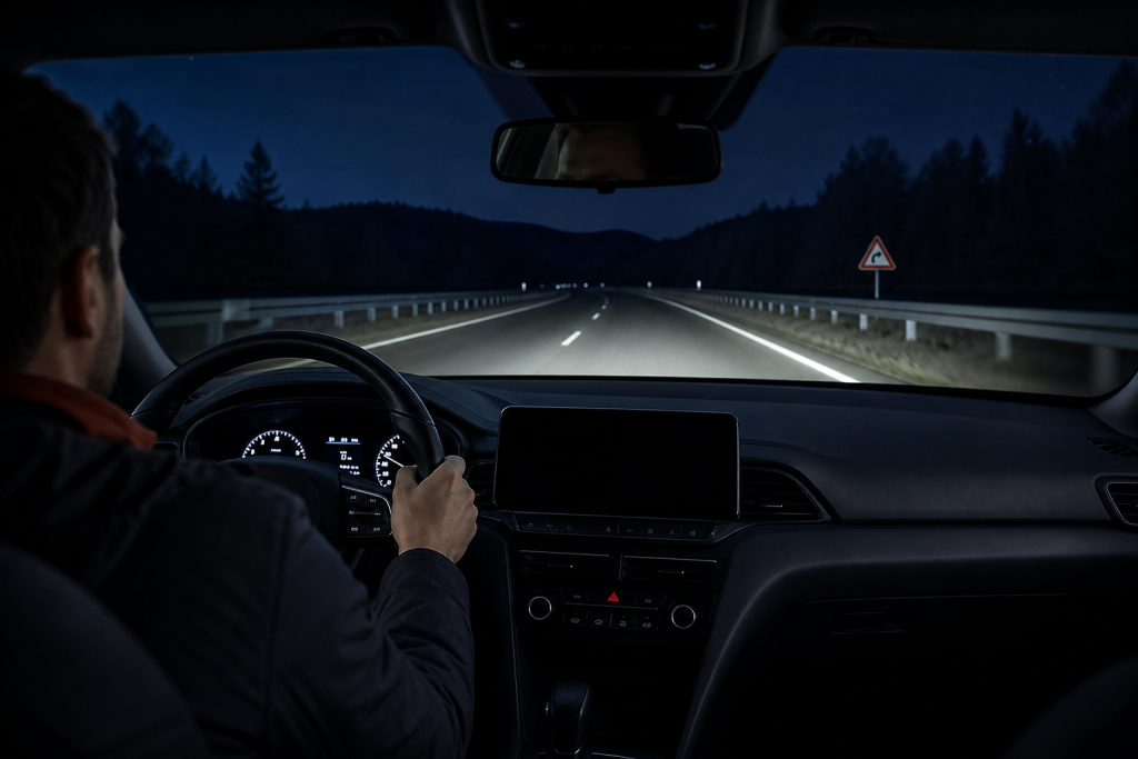 Automotive night vision system displaying the road ahead during a long nighttime drive