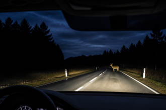 Car thermal night vision system detecting a pedestrian on a dark road