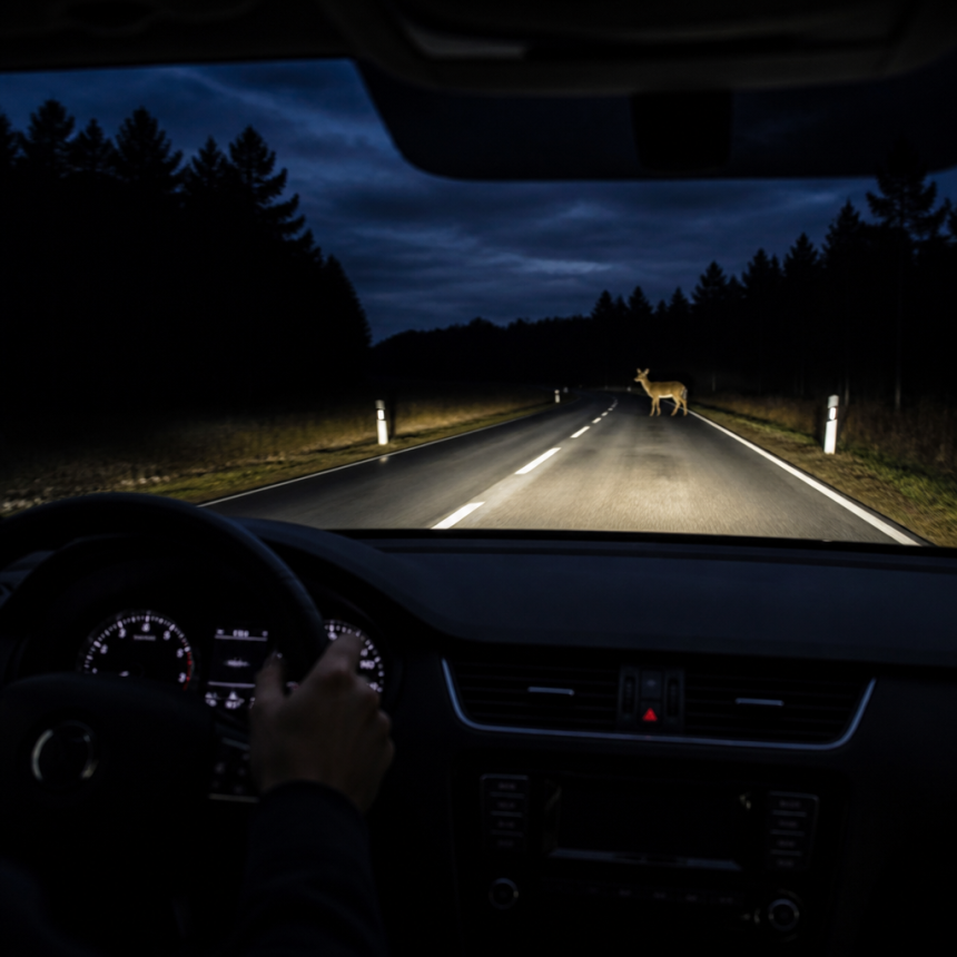 Car thermal night vision system detecting a pedestrian on a dark road