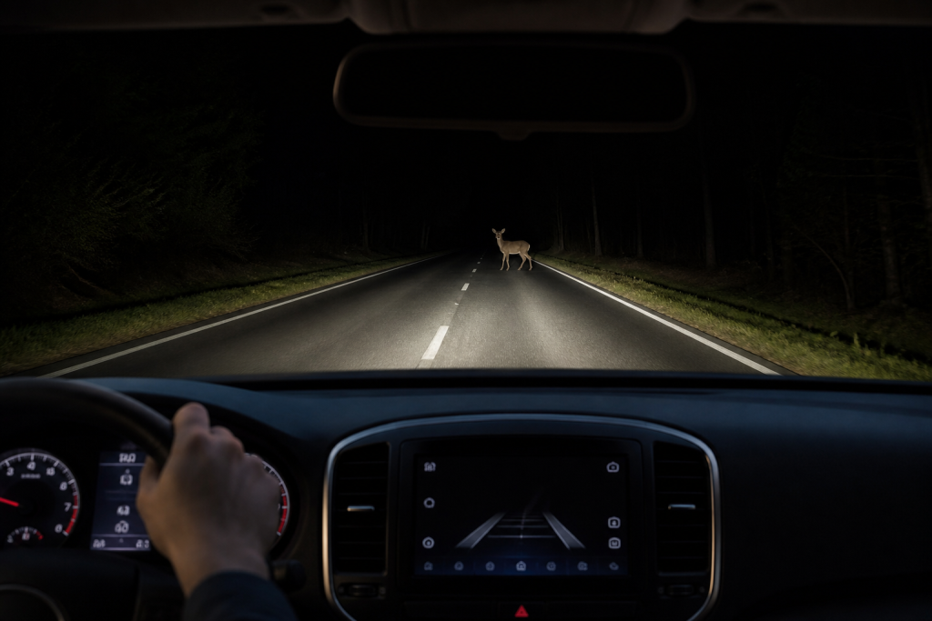 Car thermal night vision system displaying a pedestrian on a dark road