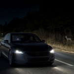 Car thermal night vision system detecting a pedestrian on a dark road
