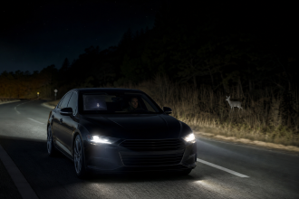 Car thermal night vision system detecting a pedestrian on a dark road