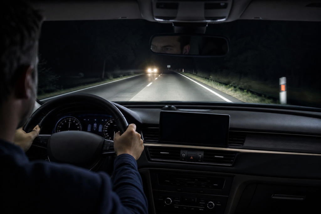 Driver using a thermal night vision system during a nighttime commute