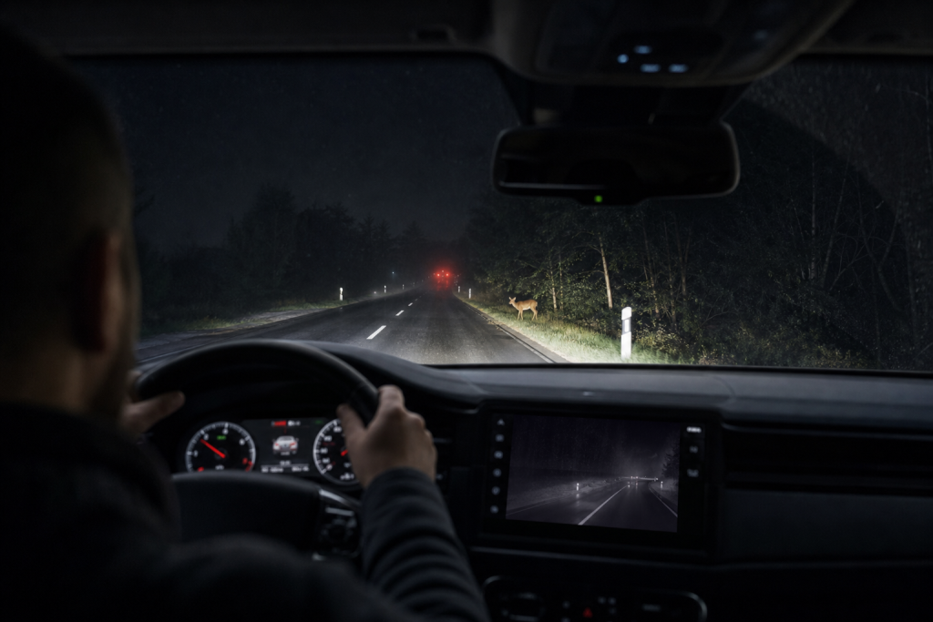 Automotive thermal night vision display detecting a pedestrian on a dark road