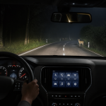 Vehicle thermal night vision display detecting a pedestrian on a dark road