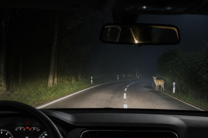 Vehicle thermal night vision display detecting a pedestrian on a dark road