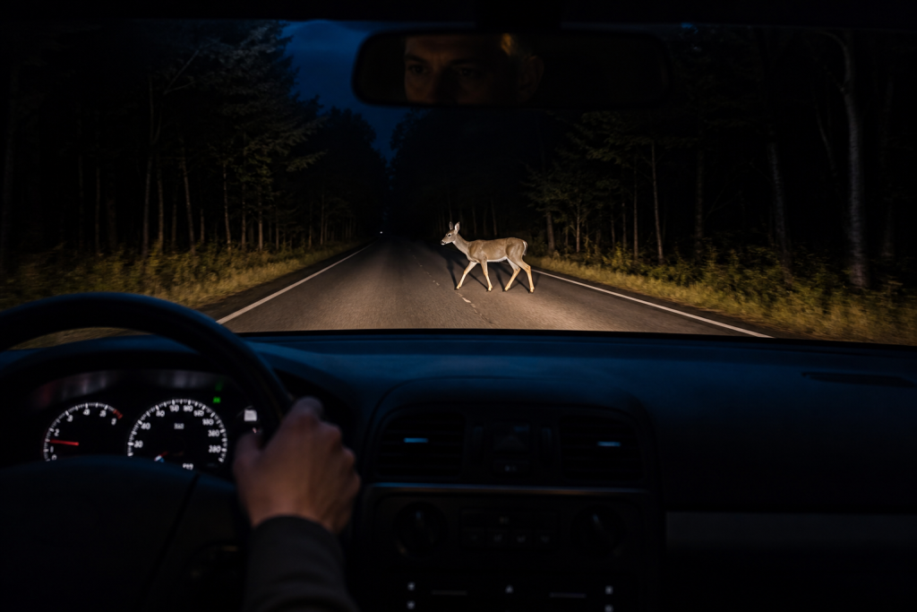Vehicle thermal night vision display detecting a pedestrian on a dark road