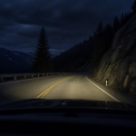 Thermal imaging view of mountain road night driving in low visibility