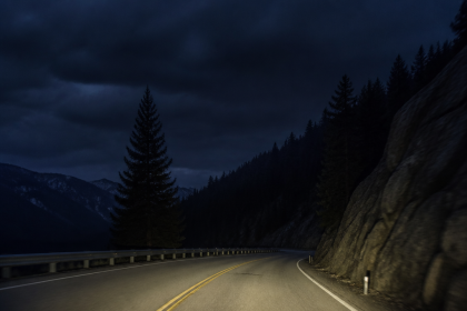 Thermal imaging view of mountain road night driving in low visibility