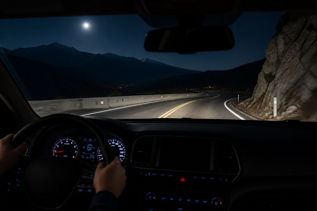 Thermal imaging view of a vehicle navigating a winding mountain road at night