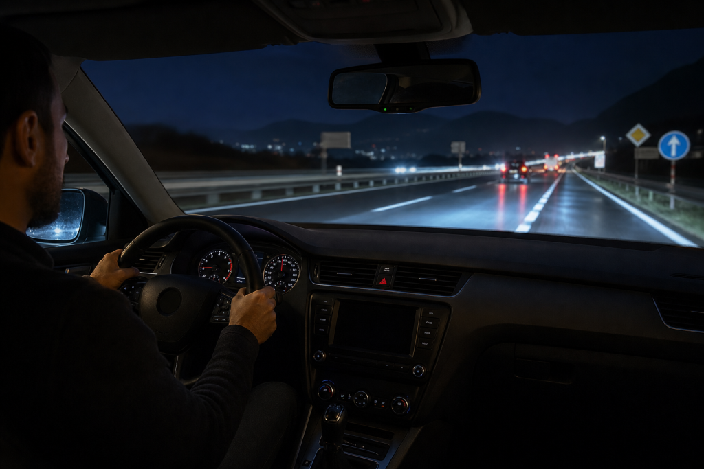 Driver’s view of a dark road illuminated by headlights during a nighttime road trip